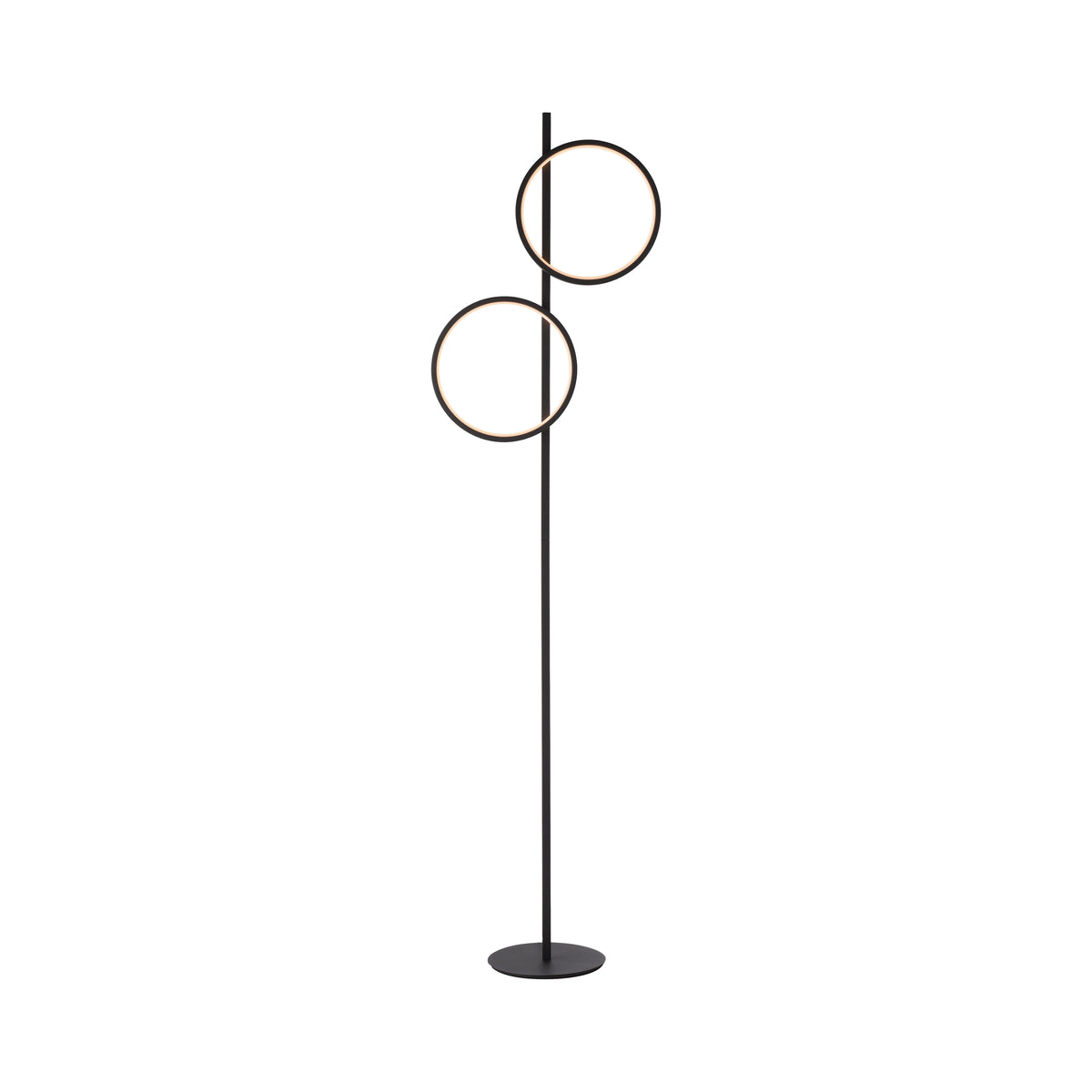 Lampadaire noir élancé aux deux anneaux cerclés présenté sur fond blanc.