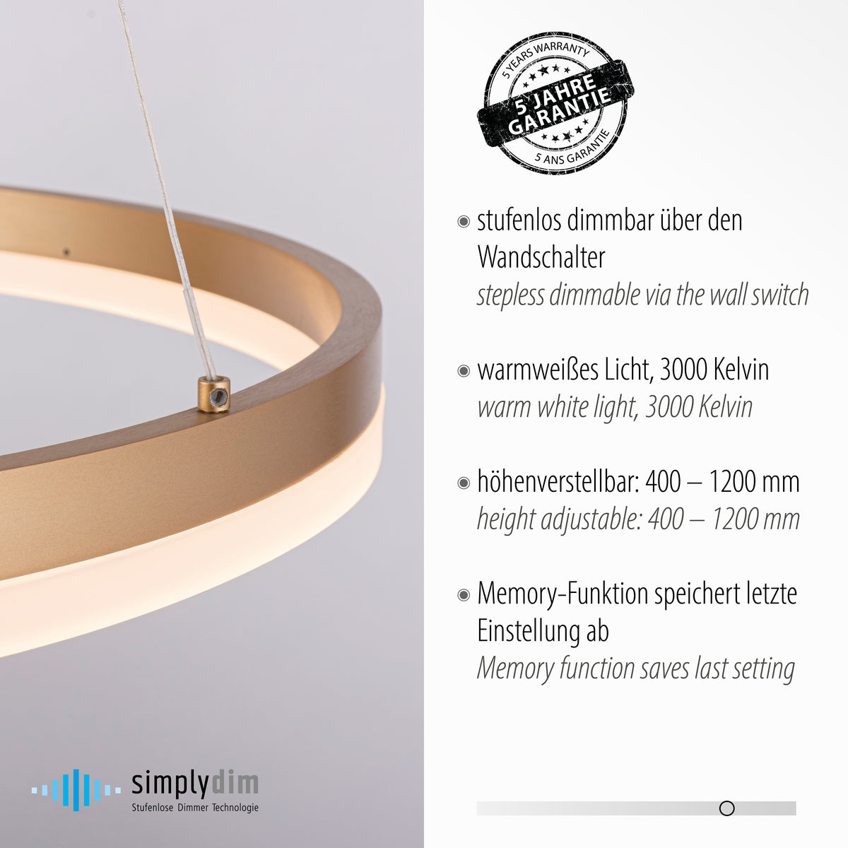 Détail de la fixation du câble et caractéristiques techniques du luminaire