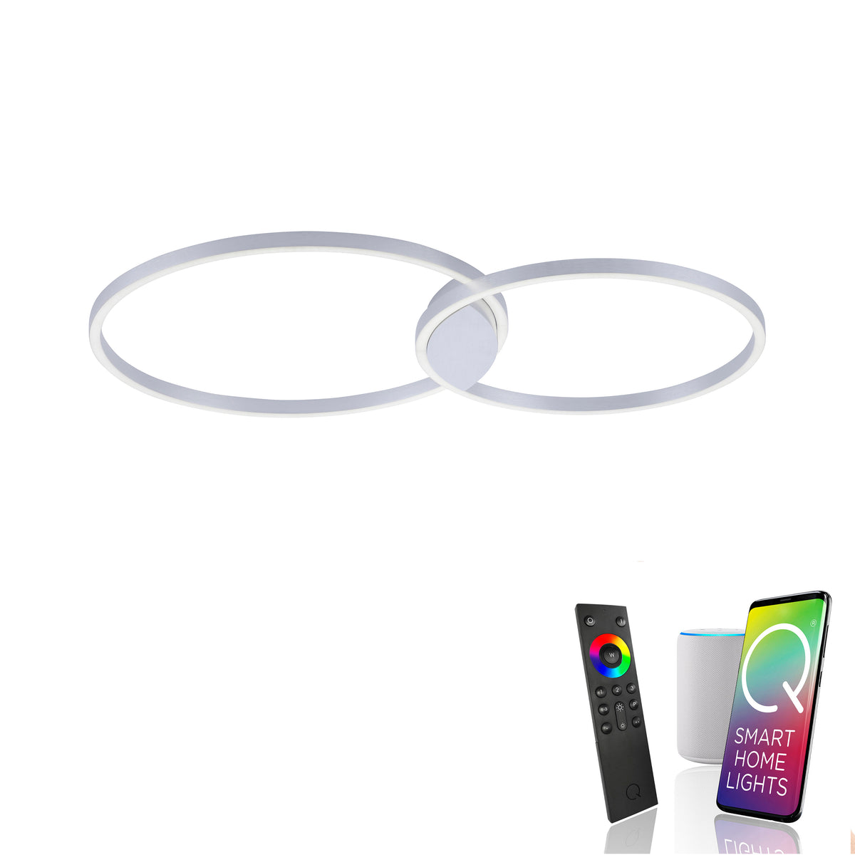 Plafonnier blanc présenté avec télécommande, enceinte connectée et smartphone pour pilotage.