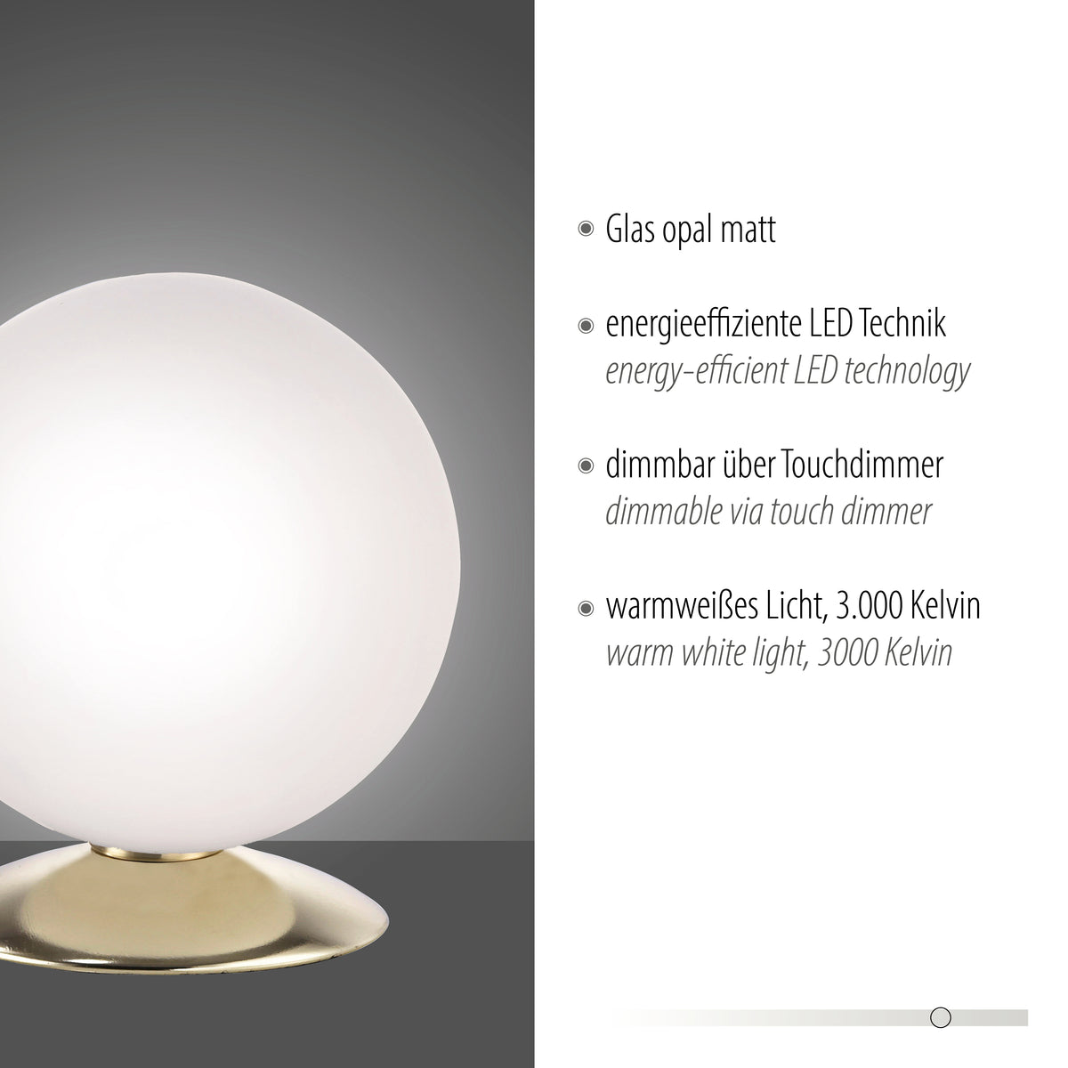 Détail du globe et de la base avec mentions techniques sur lumière opale et variateur.