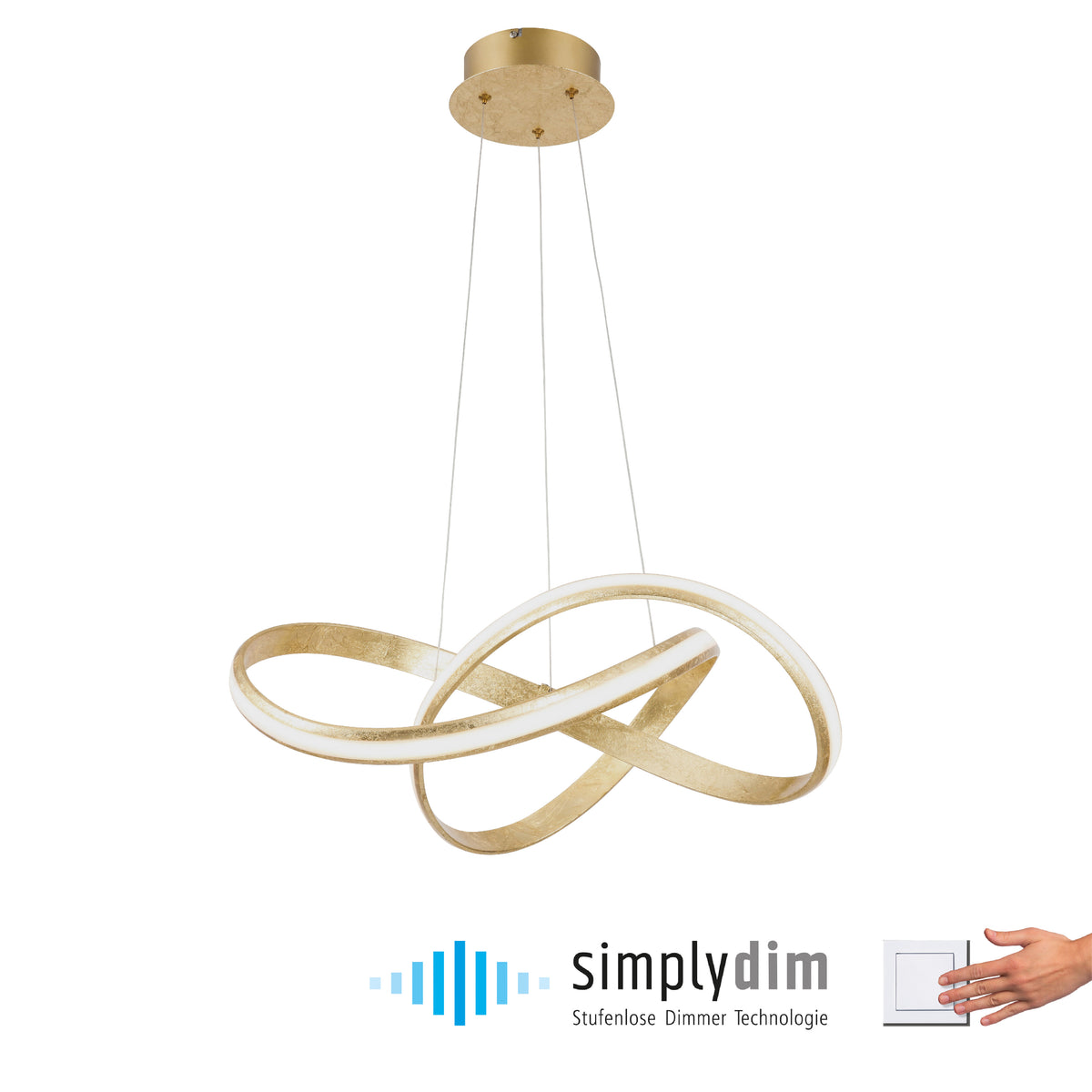 Luminaire doré présenté sur fond blanc avec logo simplydim et main sur interrupteur