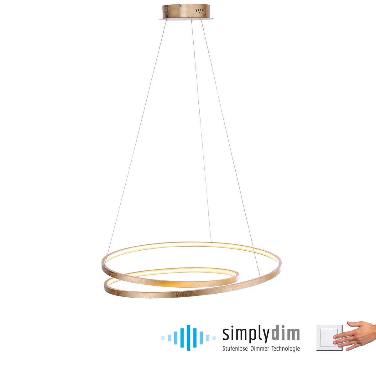 Vue du luminaire sur fond blanc avec logo de variation et main sur interrupteur.