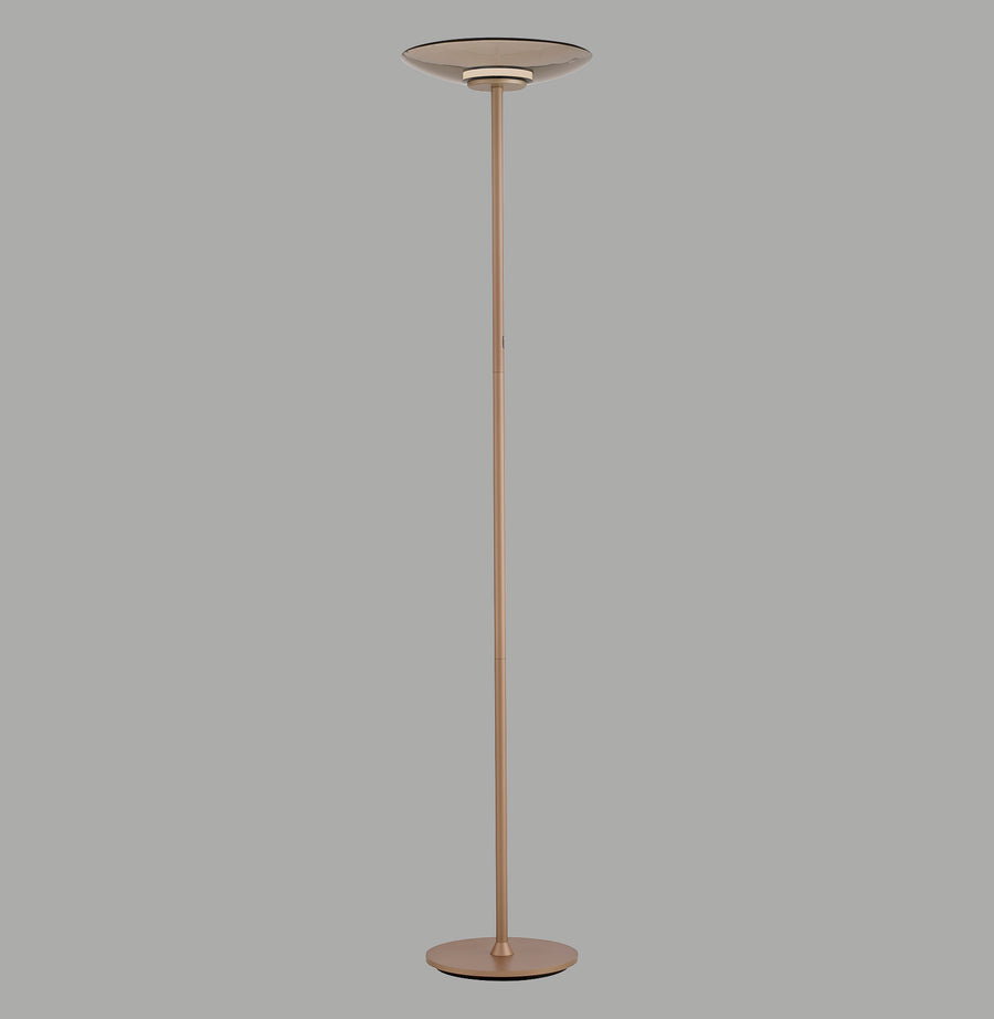 Lampadaire entier de face sur fond gris, tige fine et base ronde visibles.
