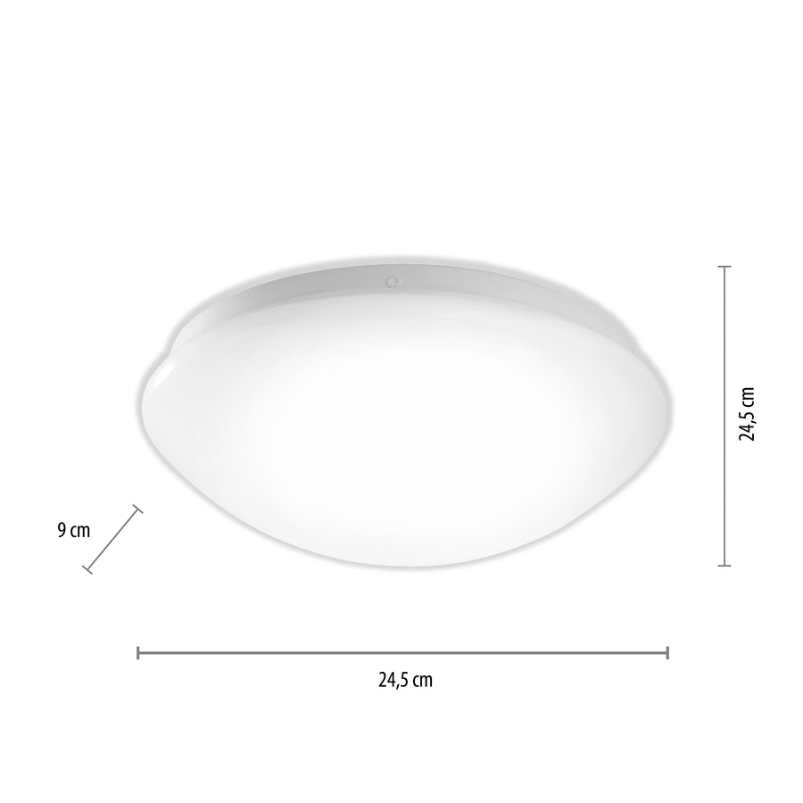 Schéma coté du plafonnier : 24,5 cm de diamètre sur 9 cm de hauteur.