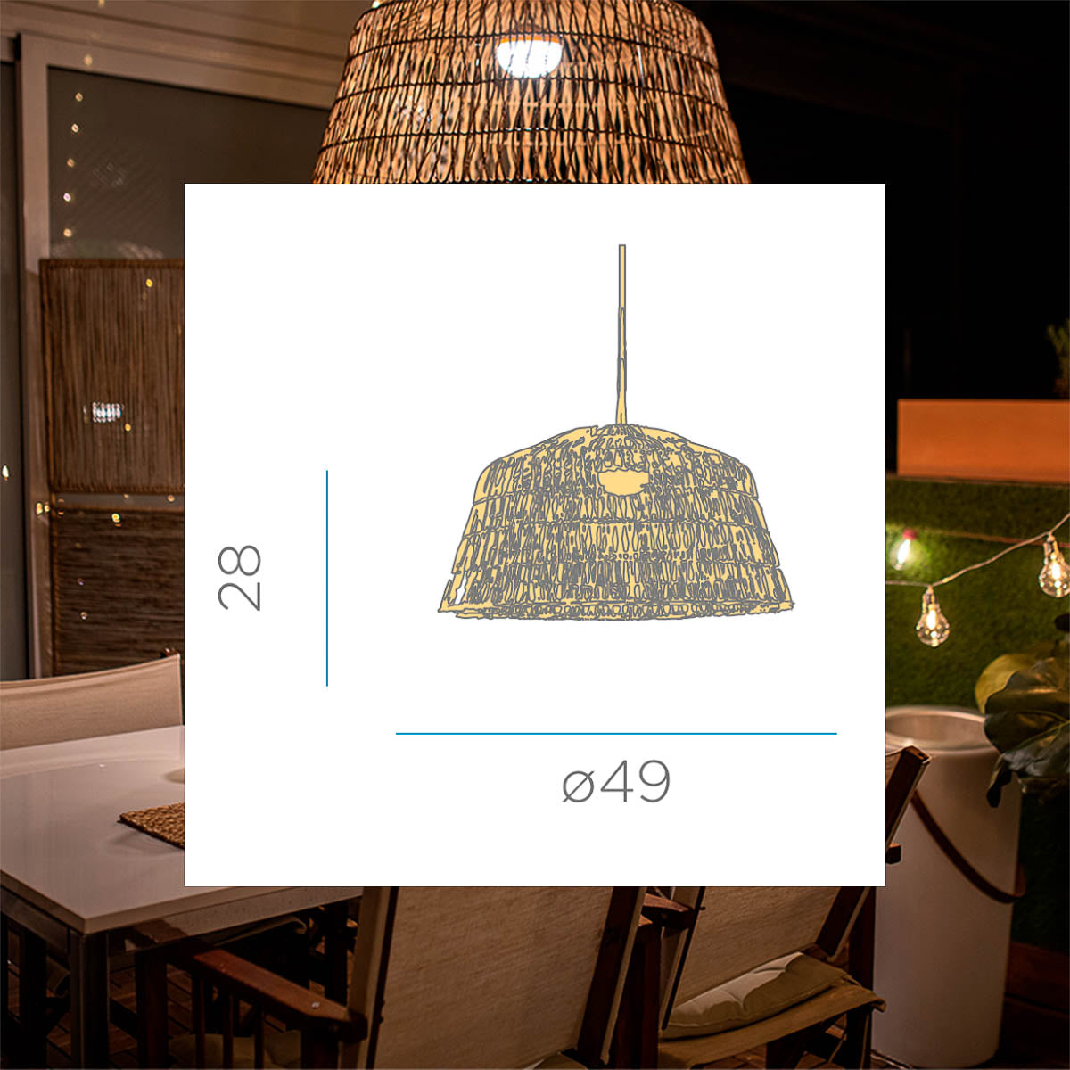 Schéma technique coté du luminaire suspendu, hauteur 28 cm et diamètre 49 cm