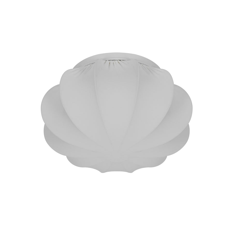 Vue de face du plafonnier éteint avec abat-jour blanc en tissu plissé.