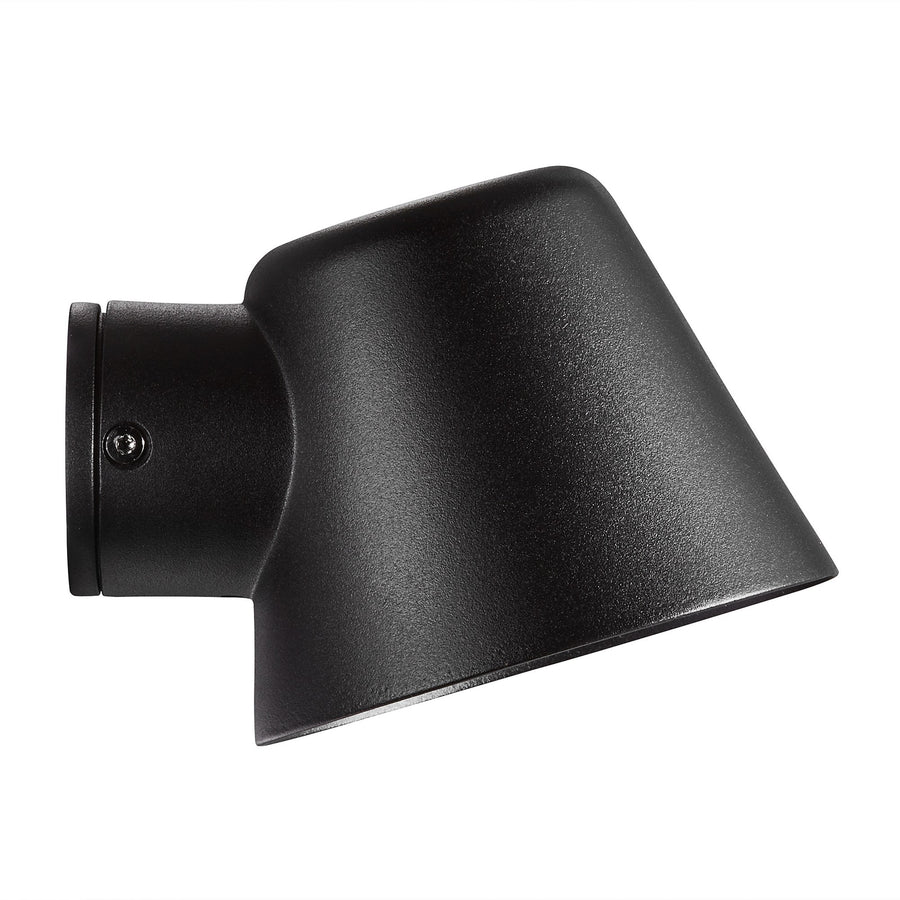 Vue de profil du luminaire noir avec sa fixation murale et sa coque conique
