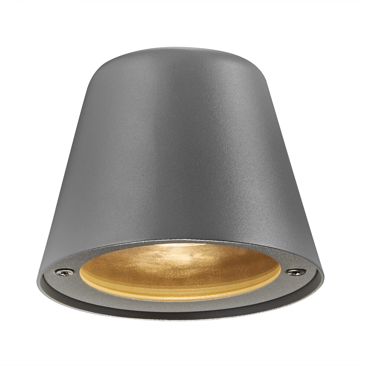 Vue de face du luminaire gris, ouverture circulaire dorée et vis apparentes