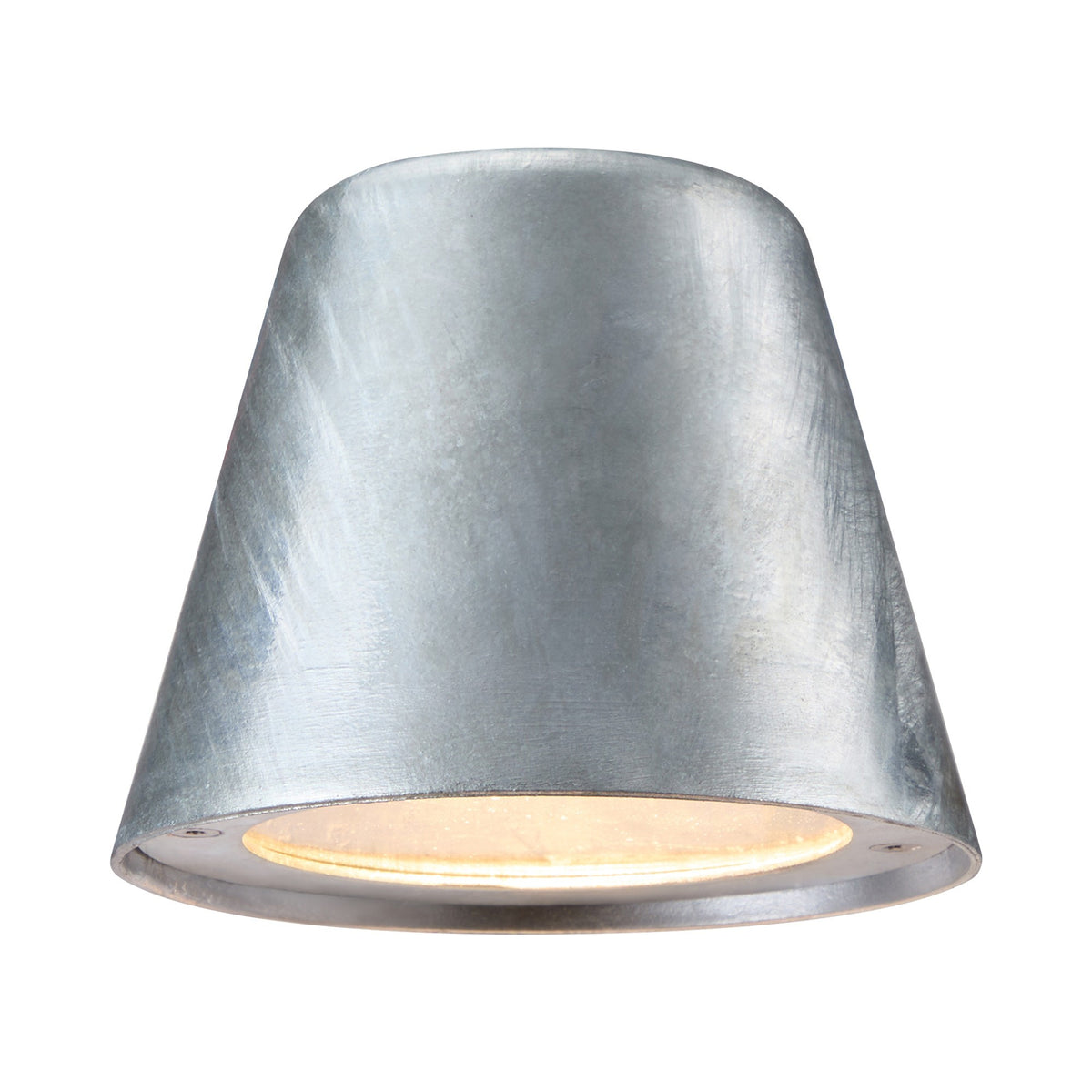 Vue de face de l'applique ronde en acier galvanisé avec diffuseur en verre éclairé