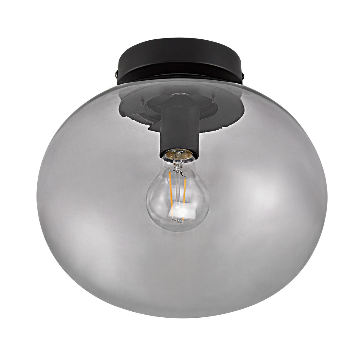 Gros plan sur le verre fumé et l'ampoule LED filament allumée à l'intérieur du globe.
