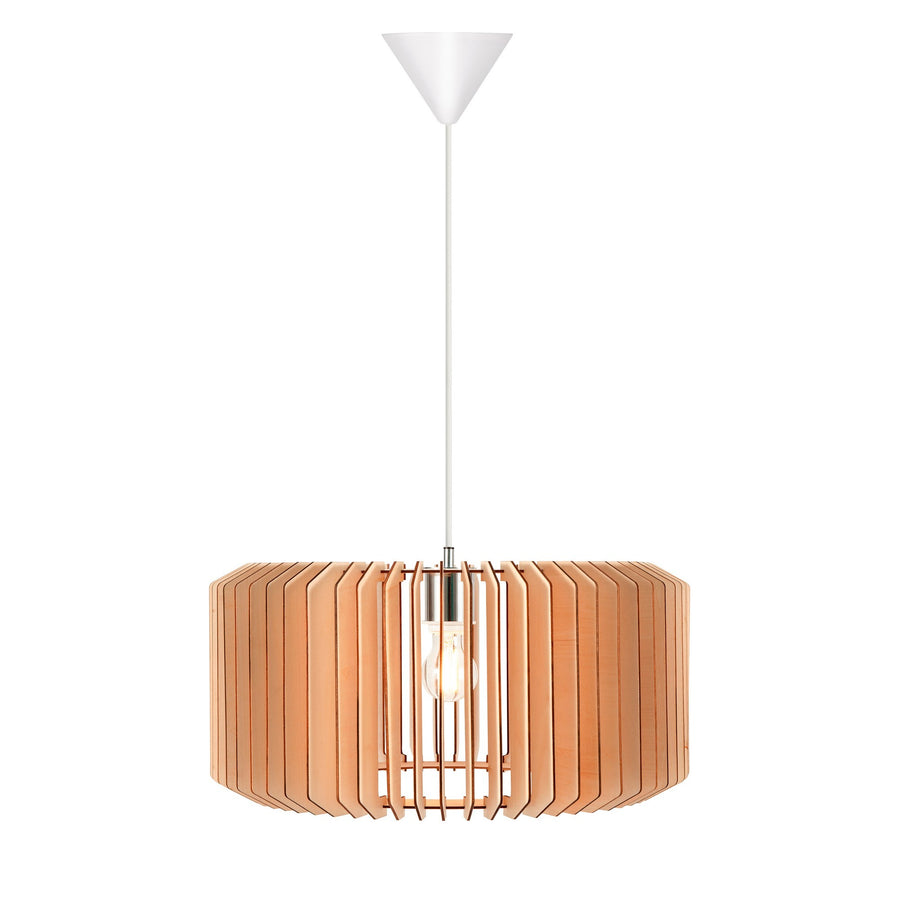 Suspension en bois naturel avec abat-jour cylindrique à lamelles verticales, ampoule visible.