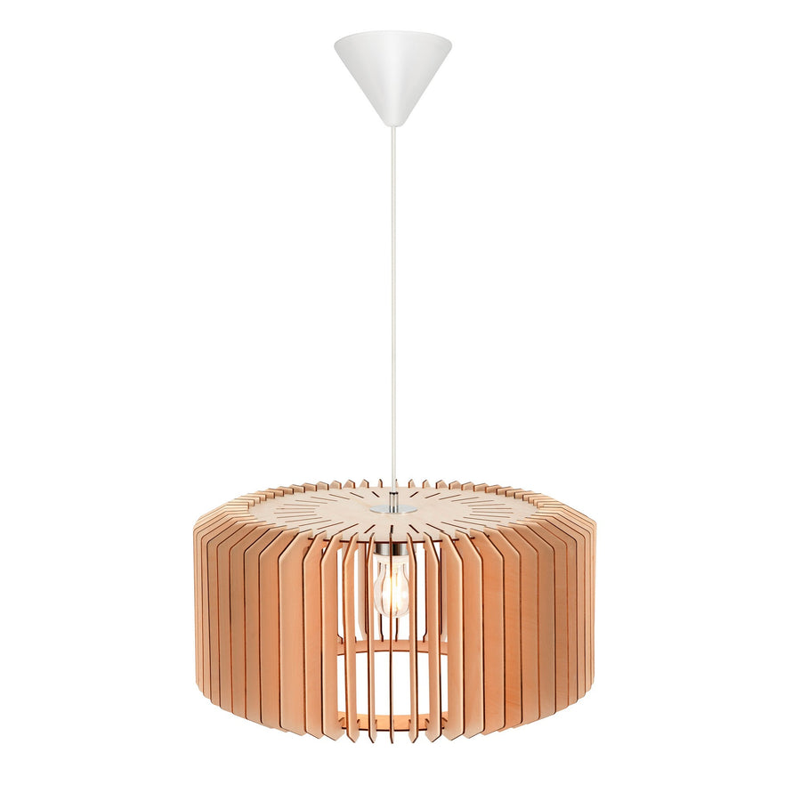 Vue du luminaire suspendu montrant le dessus de l'abat-jour en bois et sa structure radiale.