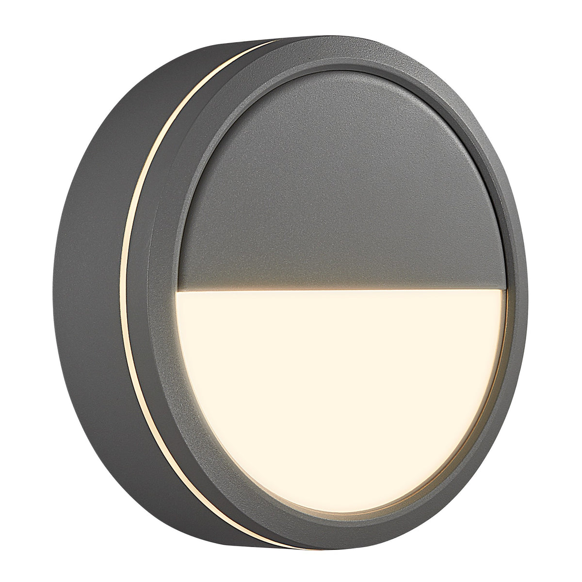 Vue rapprochée du luminaire rond gris, demi-diffuseur allumé et liseré doré