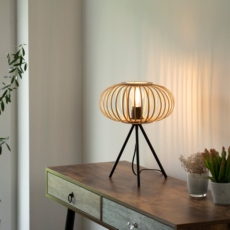 Mise en ambiance sur un bureau en bois, lampe allumée près de plantes vertes.