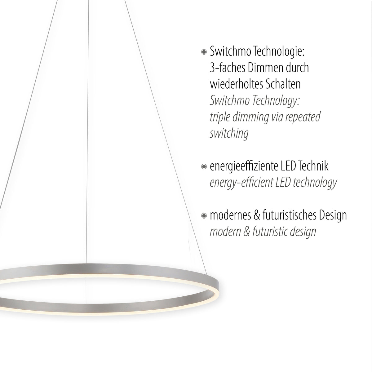 Gros plan sur l'anneau et liste des caractéristiques techniques du luminaire