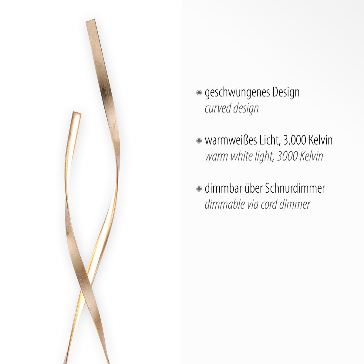Détail technique du luminaire avec textes en allemand et anglais sur design courbé et variateur.