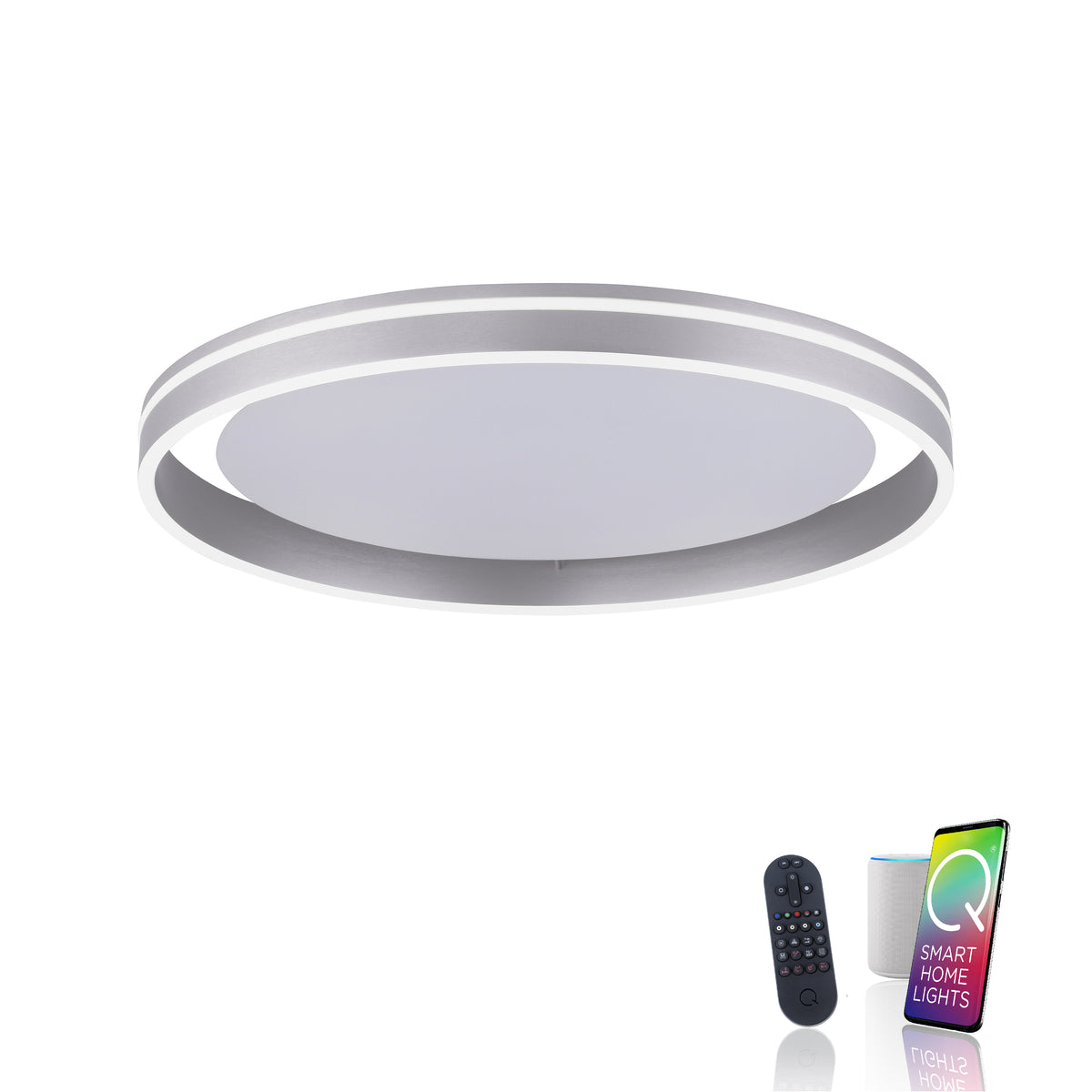 Vue de face du plafonnier avec télécommande, enceinte connectée et application smartphone