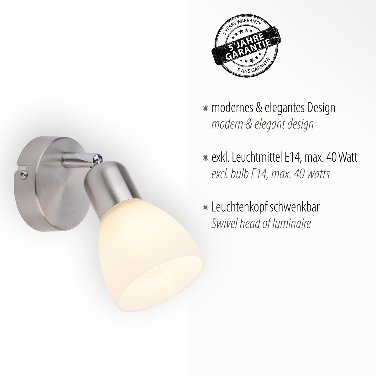 Fiche produit avec arguments : design moderne, douille E14 max 40W, tête orientable et garantie 5 ans.