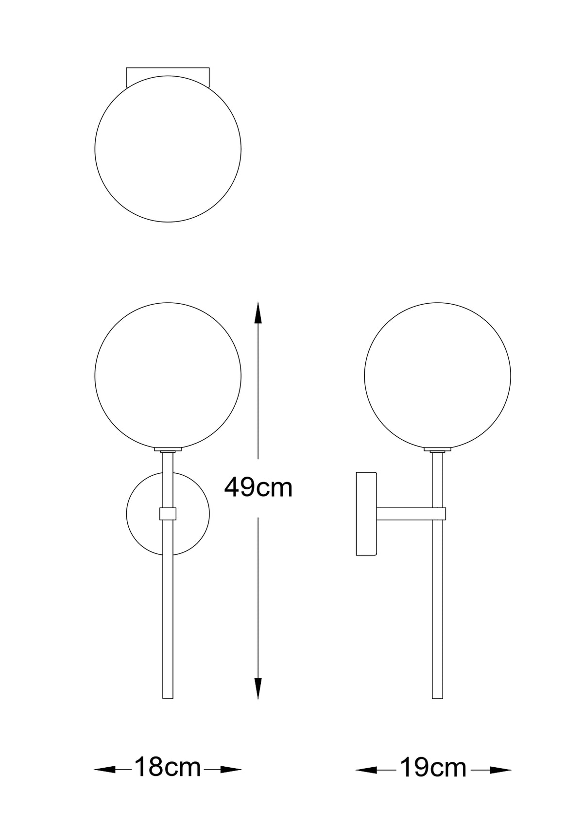 Schéma de dimensions cotées : hauteur totale 49 cm, largeur 18 cm et profondeur 19 cm