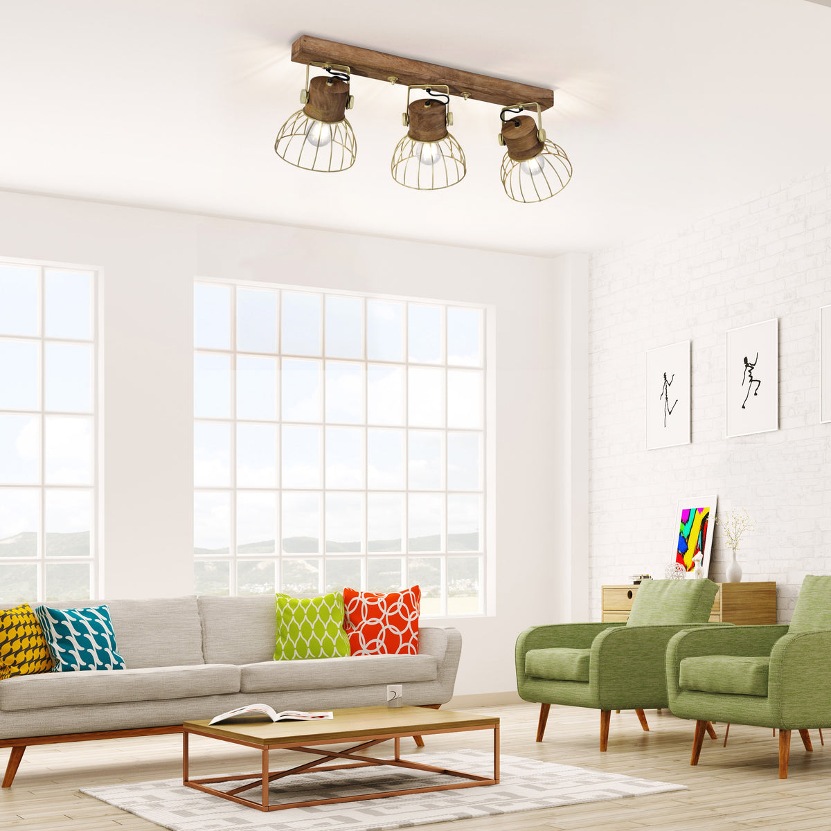 Plafonnier Alami 3 lumières laiton mat, bois