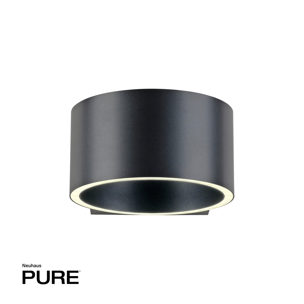 Vue de face du luminaire noir circulaire, anneau LED allumé sur fond blanc.