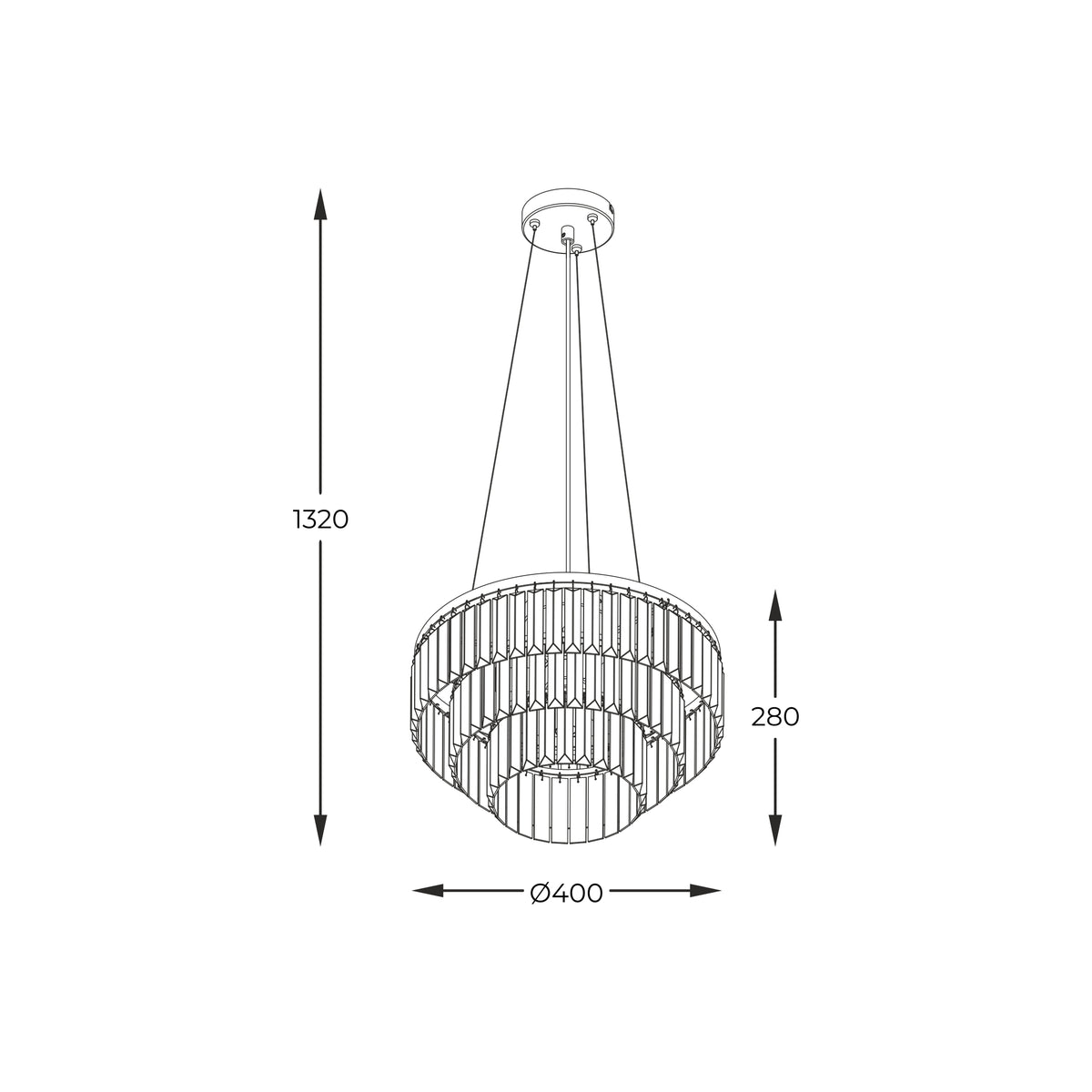 Schéma technique coté du luminaire avec hauteur totale 1320 et diamètre 400 mm