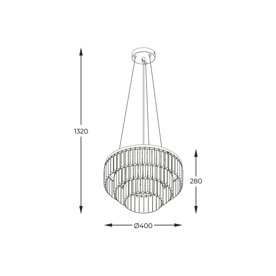 Schéma technique coté du luminaire avec hauteur totale 1320 et diamètre 400 mm
