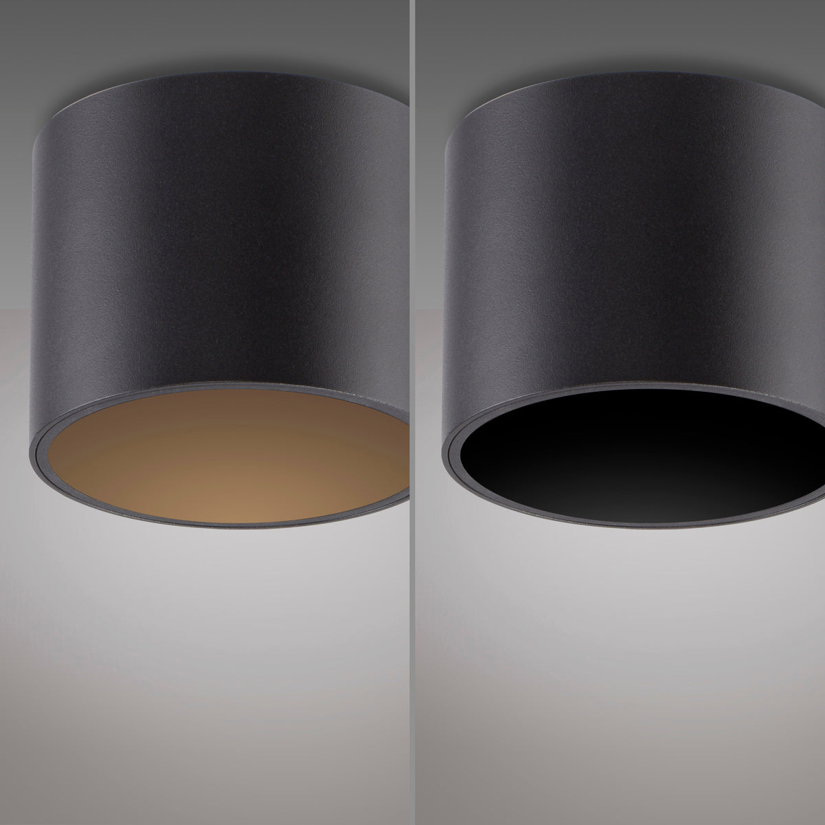 Comparaison de deux finitions : intérieur doré à gauche, intérieur noir à droite.