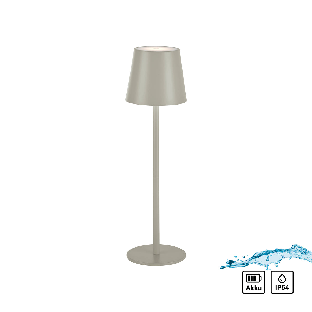 Vue du luminaire avec pictogrammes batterie Akku et protection IP54 contre les éclaboussures.