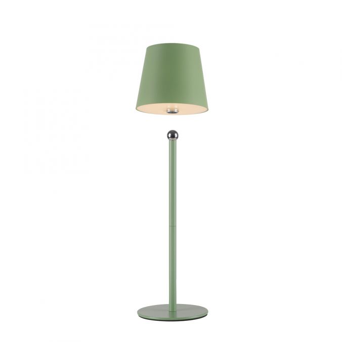 Lampe à poser verte vue de face, abat-jour conique, tige verticale et base circulaire