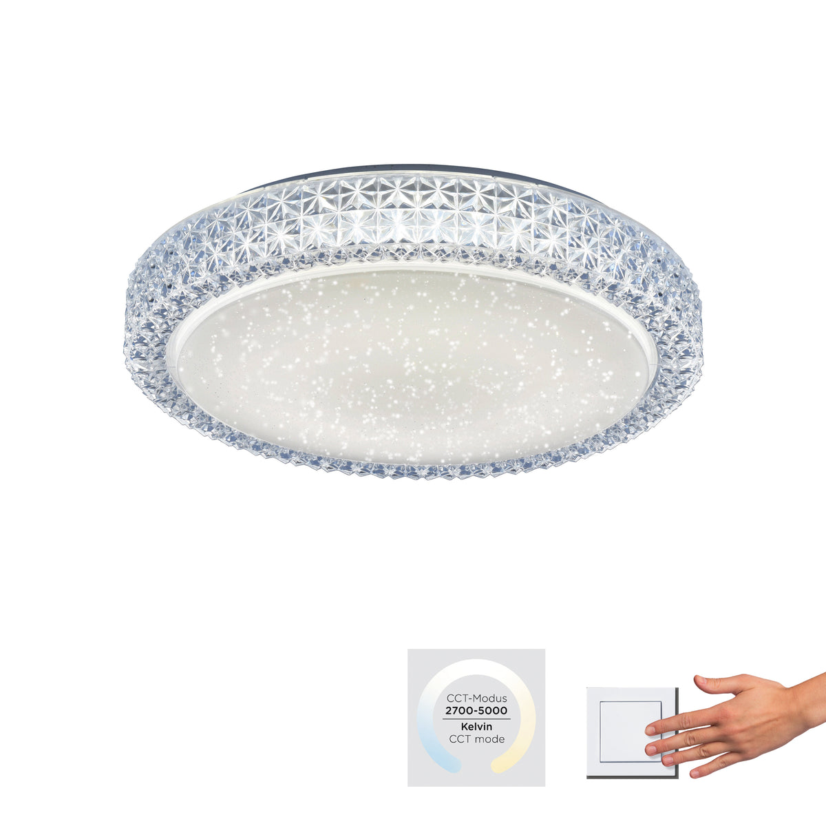 Vue du plafonnier avec télécommande et température de couleur réglable 2700 à 5000 Kelvin