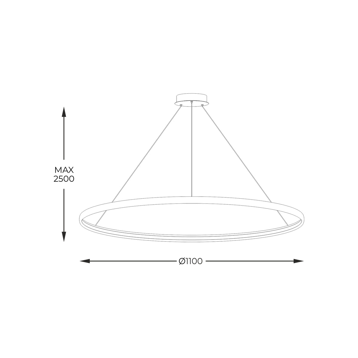 Schéma technique coté du luminaire, diamètre 1100 mm et hauteur maximale 2500 mm.