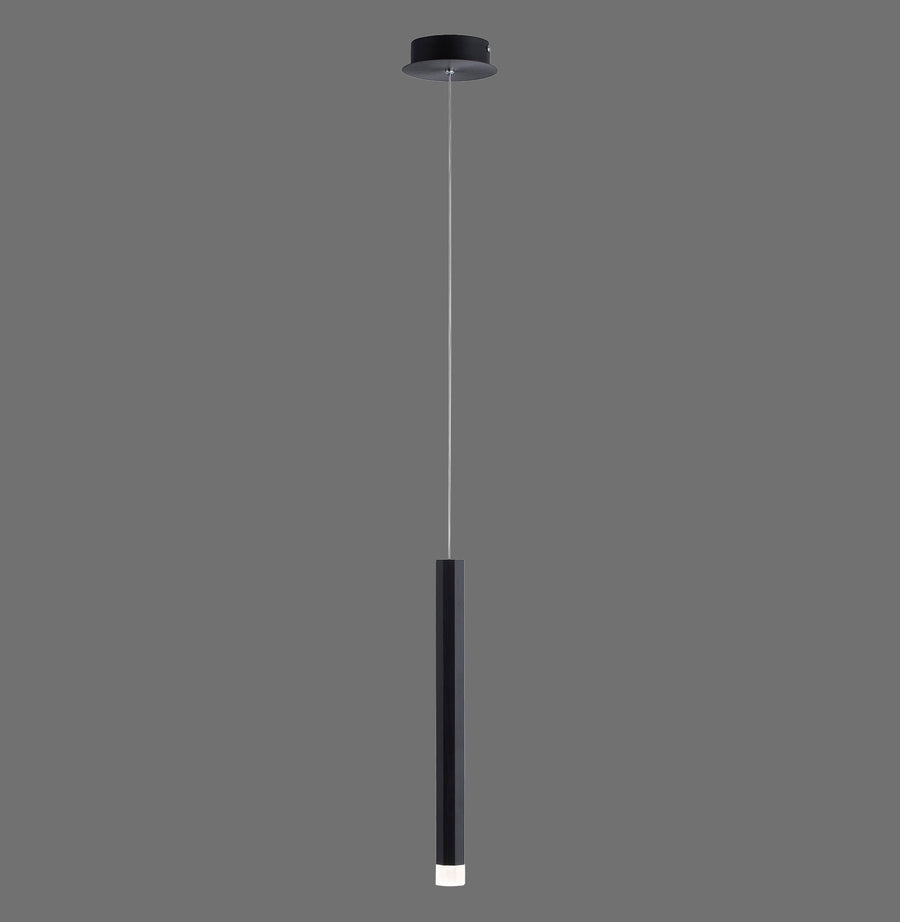 Vue de face du luminaire suspendu, tube noir vertical sur fond gris neutre