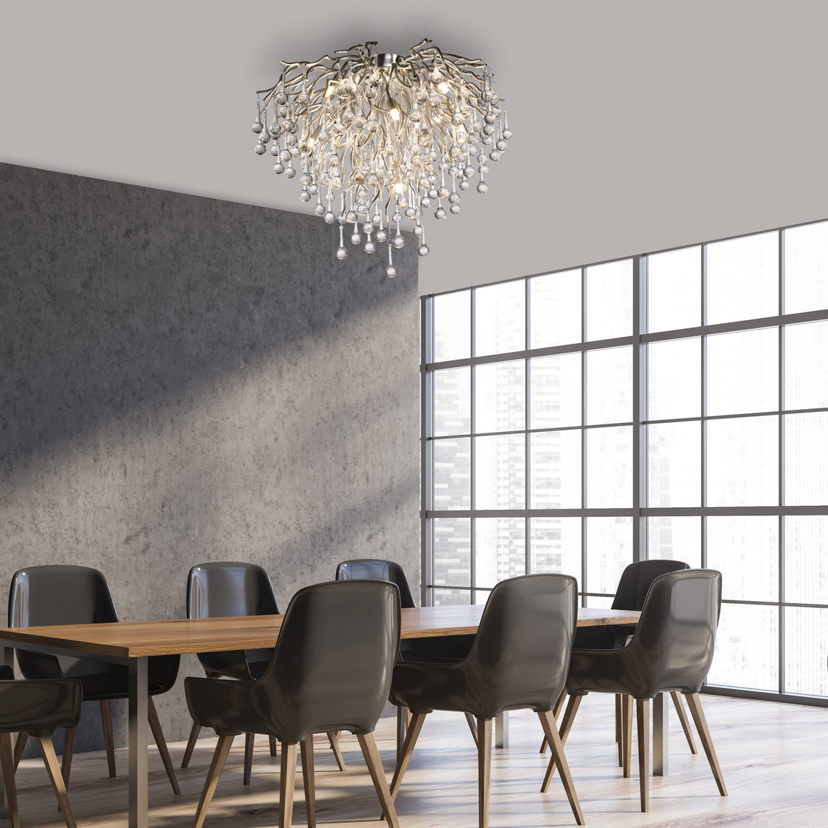 Luminaire installé au plafond au-dessus d'une table de salle à manger, ambiance contemporaine.