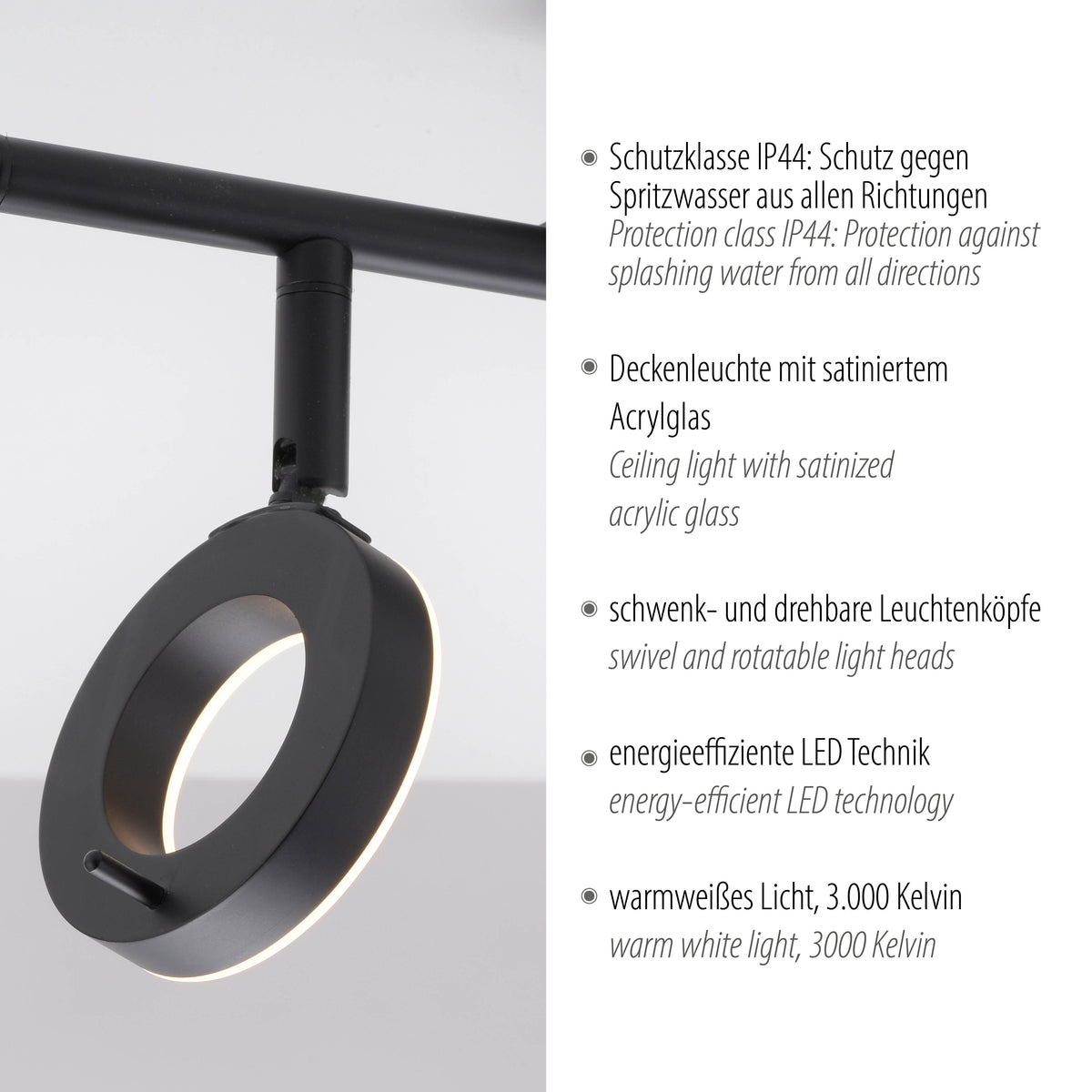 Détail d'un spot anneau et liste des caractéristiques techniques