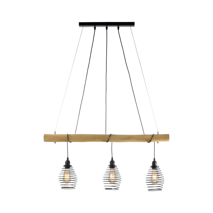 Vue de face sur fond blanc de la suspension en bois et métal noir