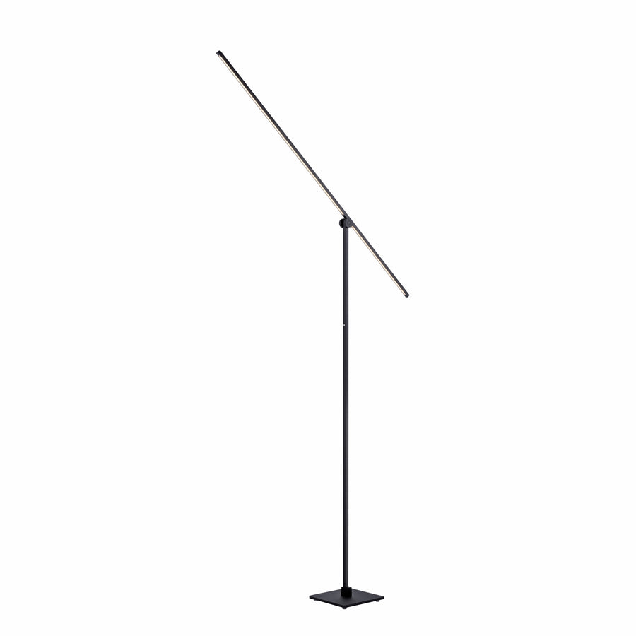 Lampadaire noir de face sur fond blanc, barre lumineuse inclinée et base carrée