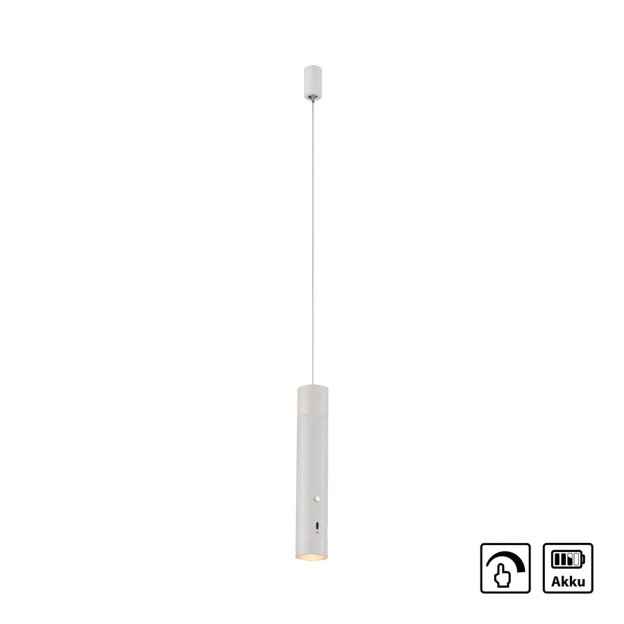 Vue de face sur fond blanc avec pictogrammes variateur tactile et batterie rechargeable.