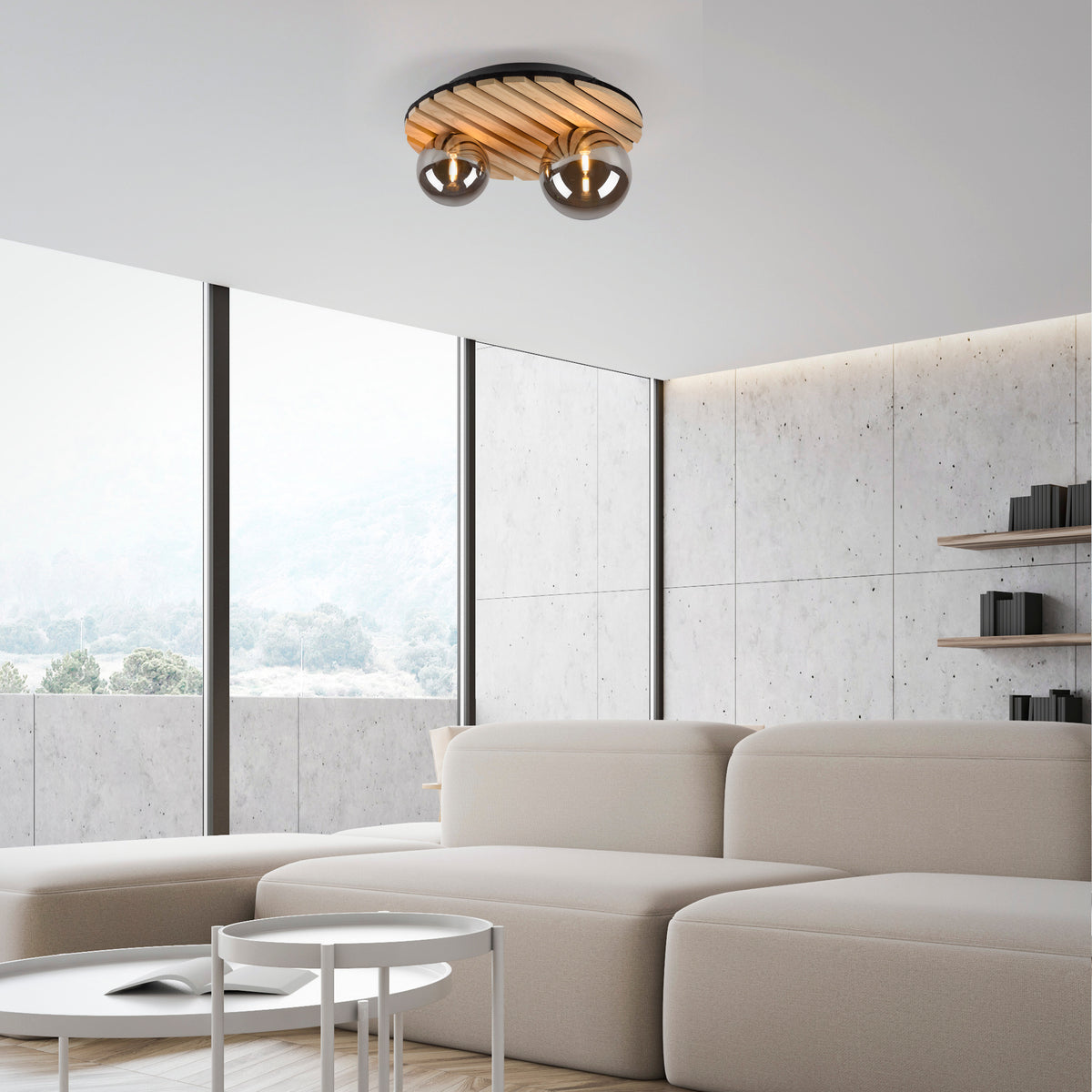 Mise en ambiance du plafonnier dans un salon contemporain béton avec canapé beige