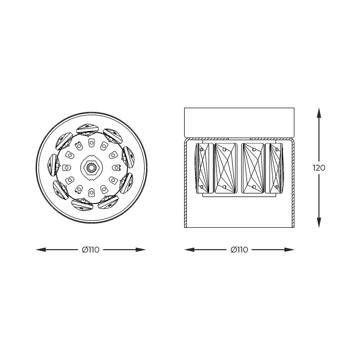 Schéma technique coté du plafonnier montrant diamètre 110 mm et hauteur 120 mm.