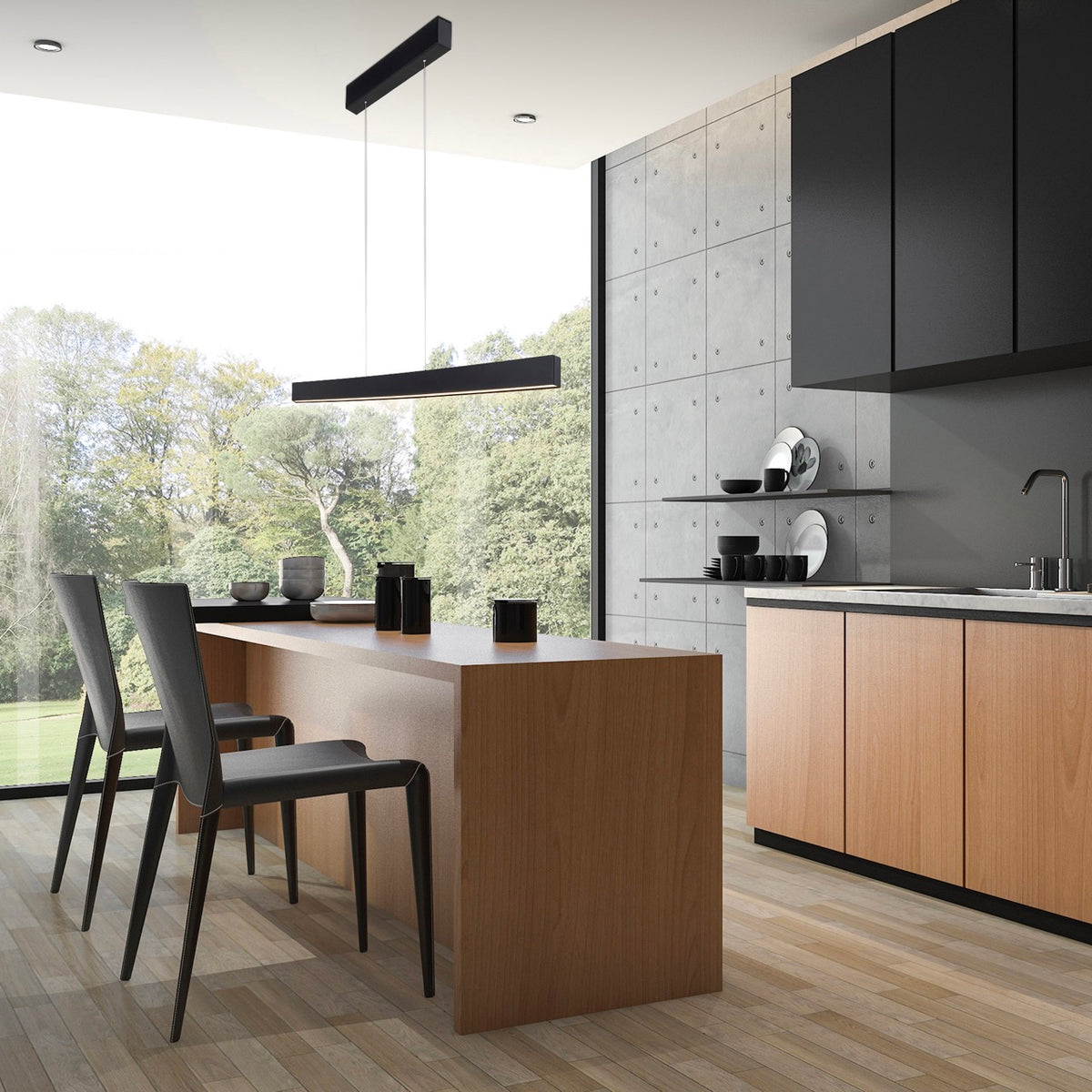 Mise en ambiance dans une cuisine moderne, suspension noire linéaire au-dessus d'un îlot central.