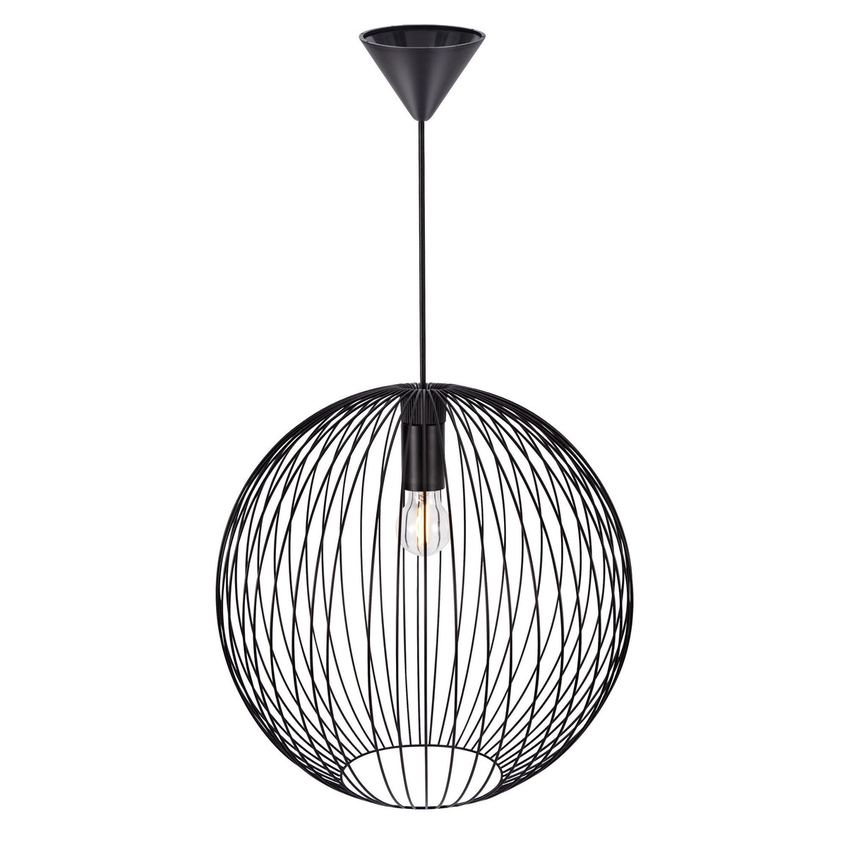 Plan large du luminaire suspendu, câble noir et rosace conique au plafond