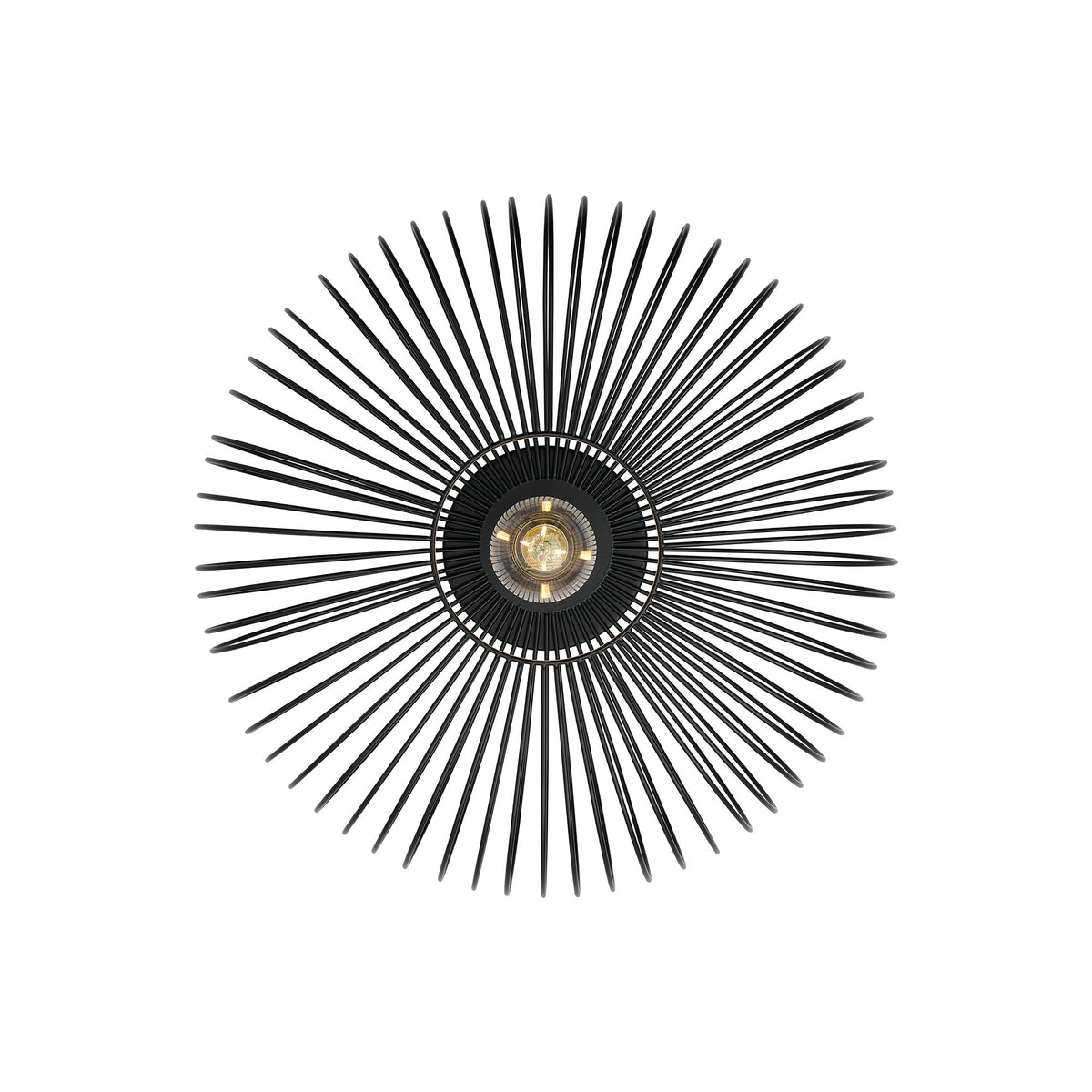 Vue de dessus du plafonnier montrant la base circulaire noire et les tiges rayonnantes.