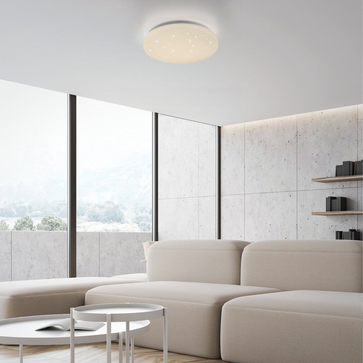 Mise en ambiance du plafonnier allumé au plafond d'un salon minimaliste