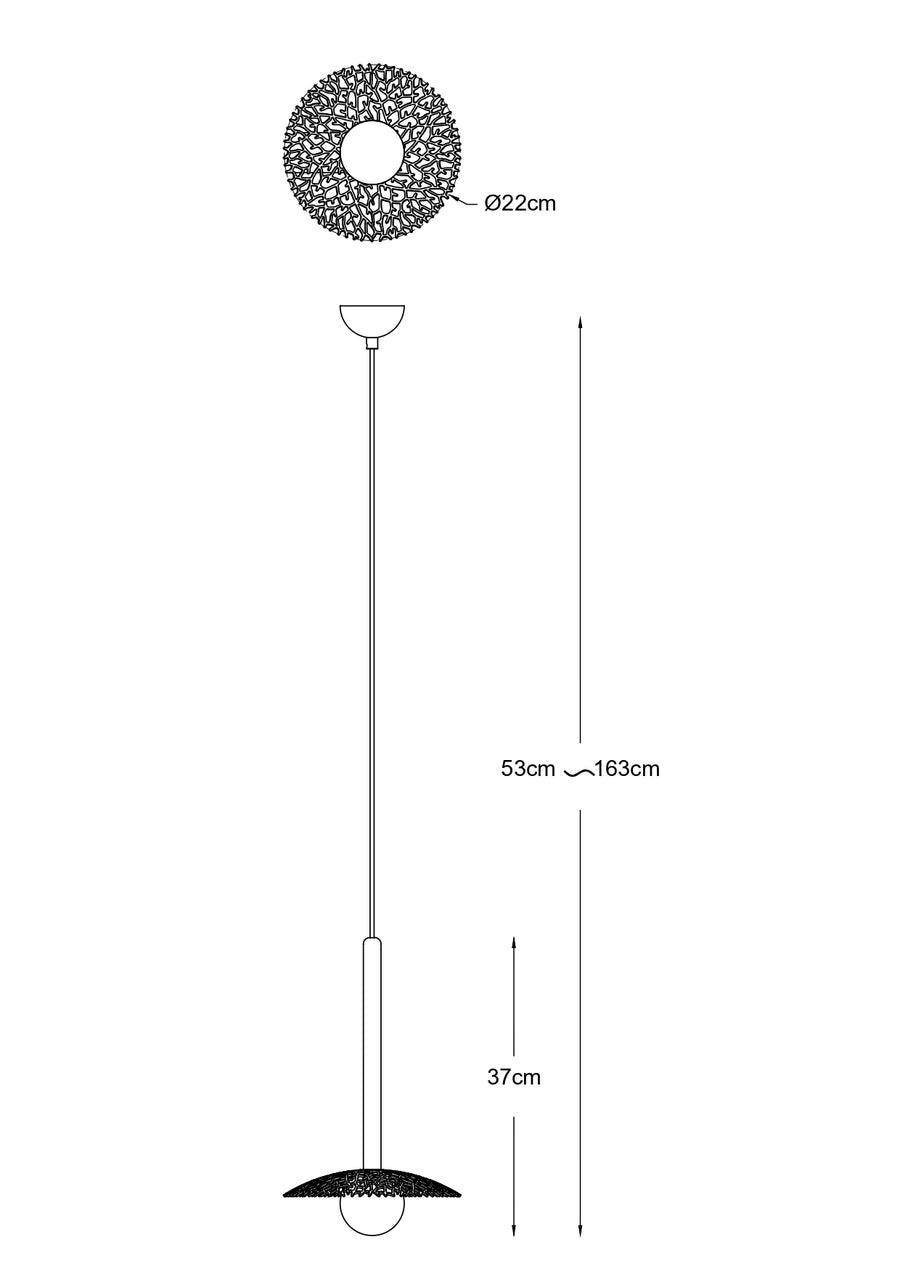 Schéma coté du luminaire, diamètre 22 cm et hauteur réglable de 53 à 163 cm