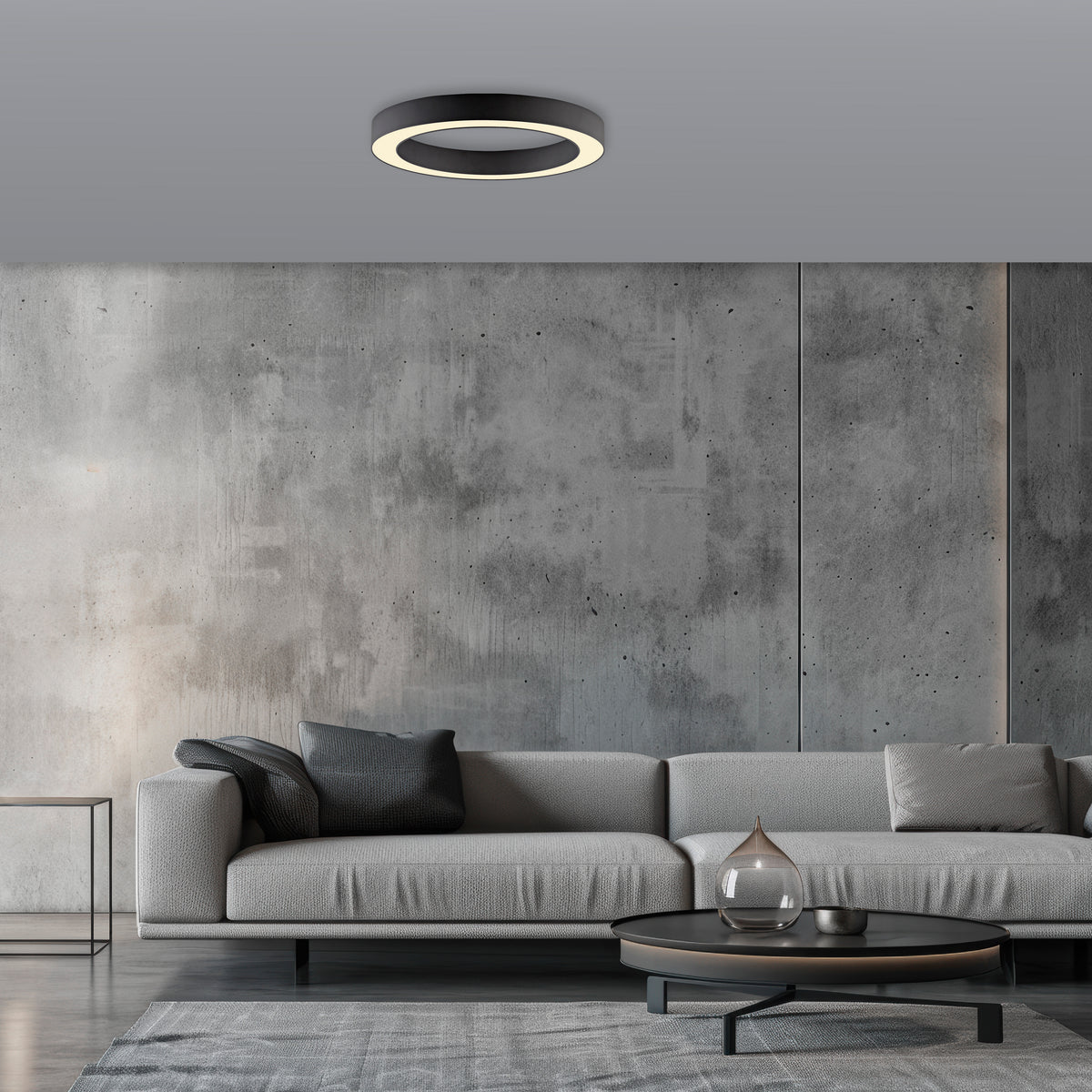 Mise en ambiance dans un salon contemporain aux murs de béton gris