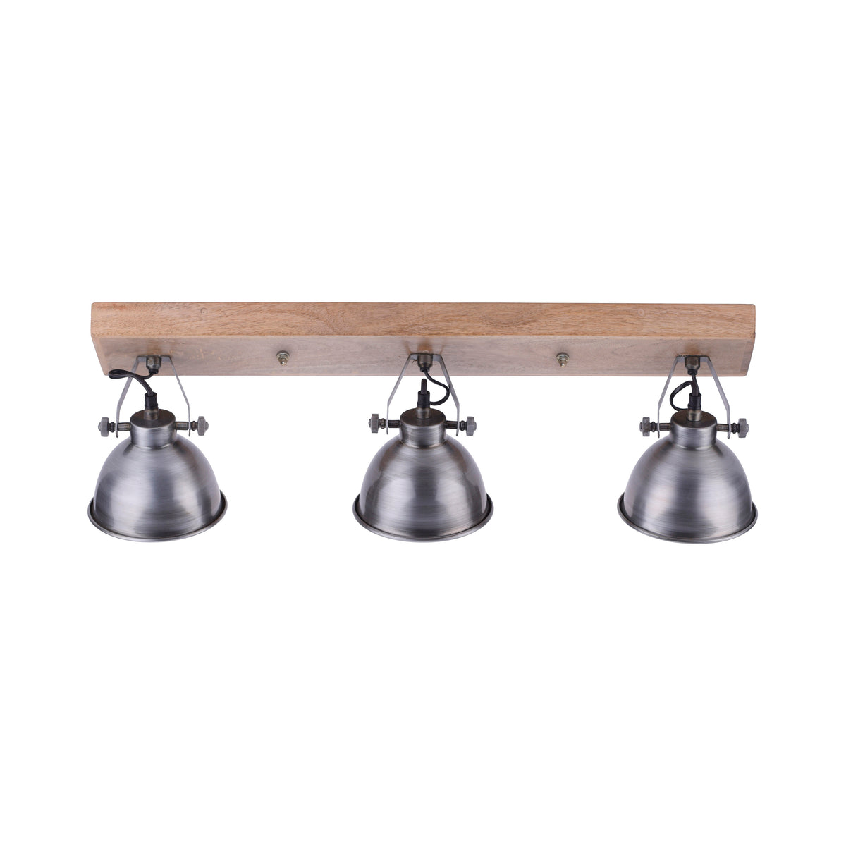 Vue de face sur fond blanc du luminaire avec trois coupelles orientables en acier brossé.