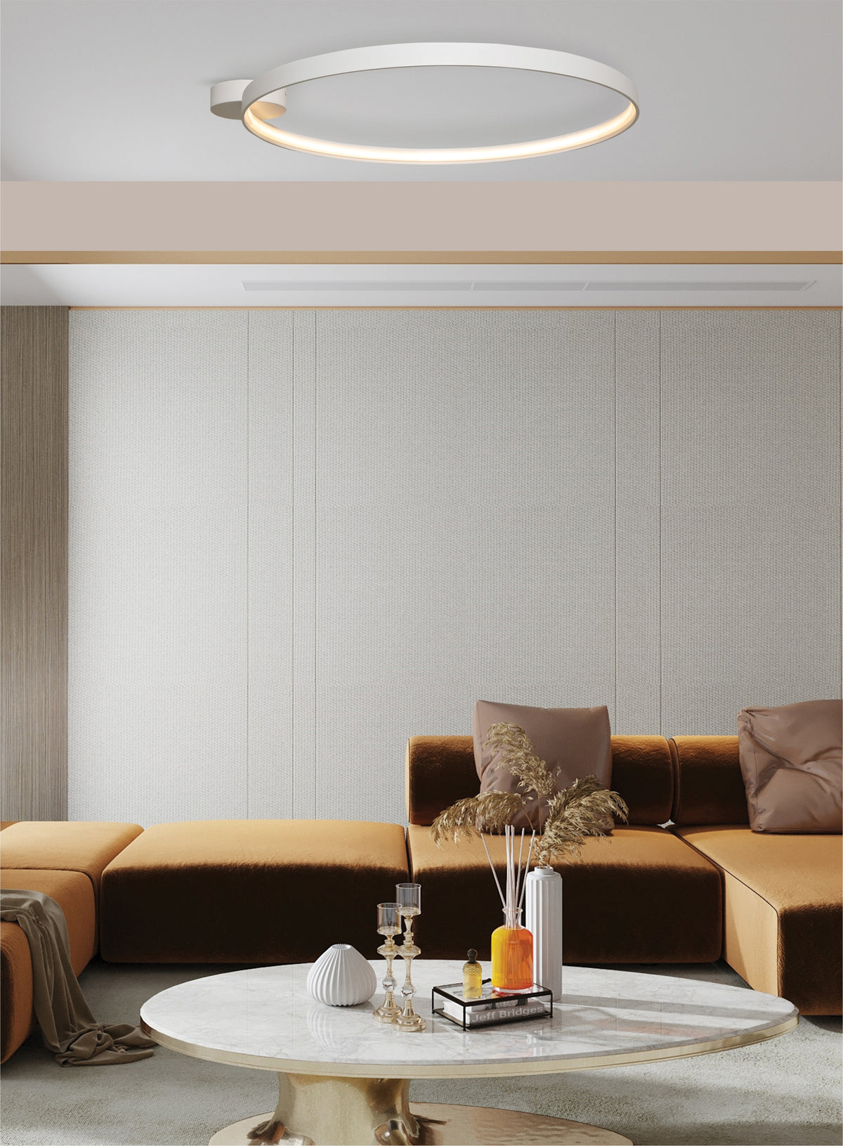Mise en ambiance du plafonnier allumé au-dessus d'un salon moderne