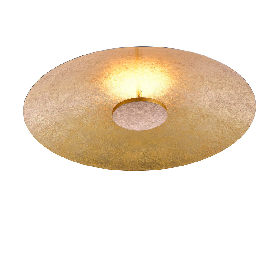 Produit de face sur fond blanc, disque doré et verre central dépoli.