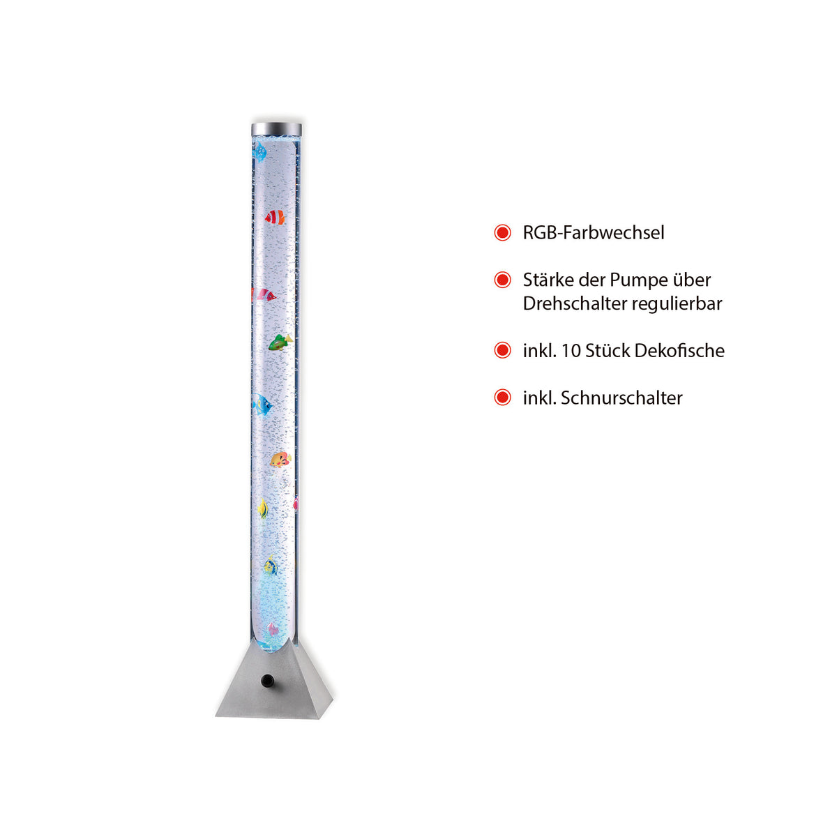 Photo produit avec liste des fonctions : changement RGB, pompe réglable, poissons décoratifs